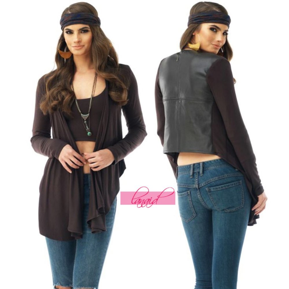 Sky Carradine Jacket Espresso Genuine Leather Brown Cropped Back Cardigan Wrap